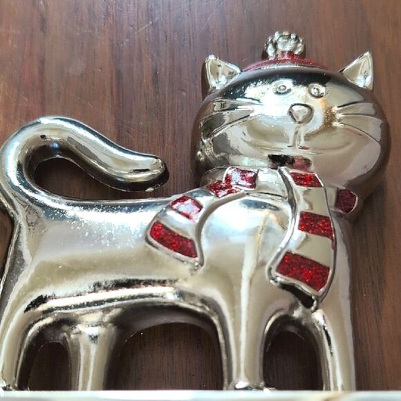Silver Cat Stocking Holders with Red Glitter Accents Set of 2 - Picture 5 of 9